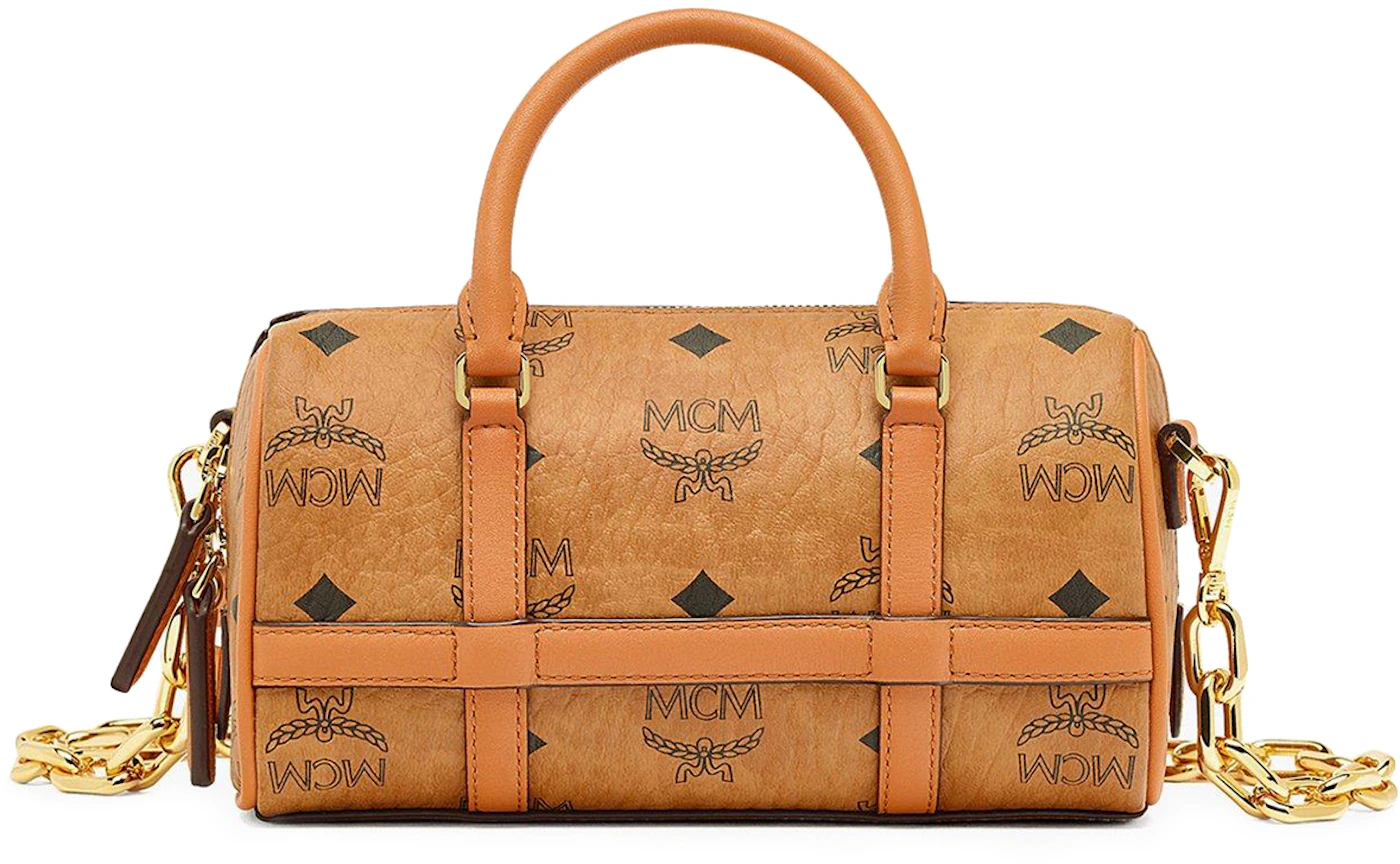 NEW Authentic MCM Aren Mini Boston Bag in Visetos / Cognac