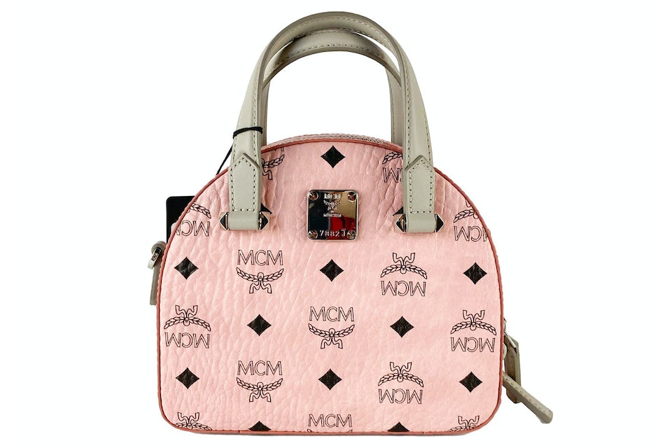 MCM Diamond Logo Visetos Mini Round Top Tote Bag Soft Pink