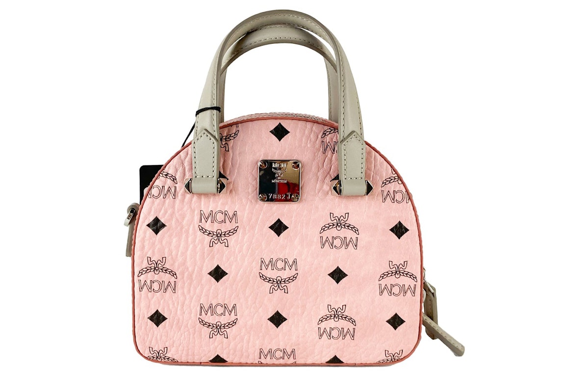 Pre-owned Mcm Diamond Logo Visetos Mini Round Top Tote Bag Soft Pink