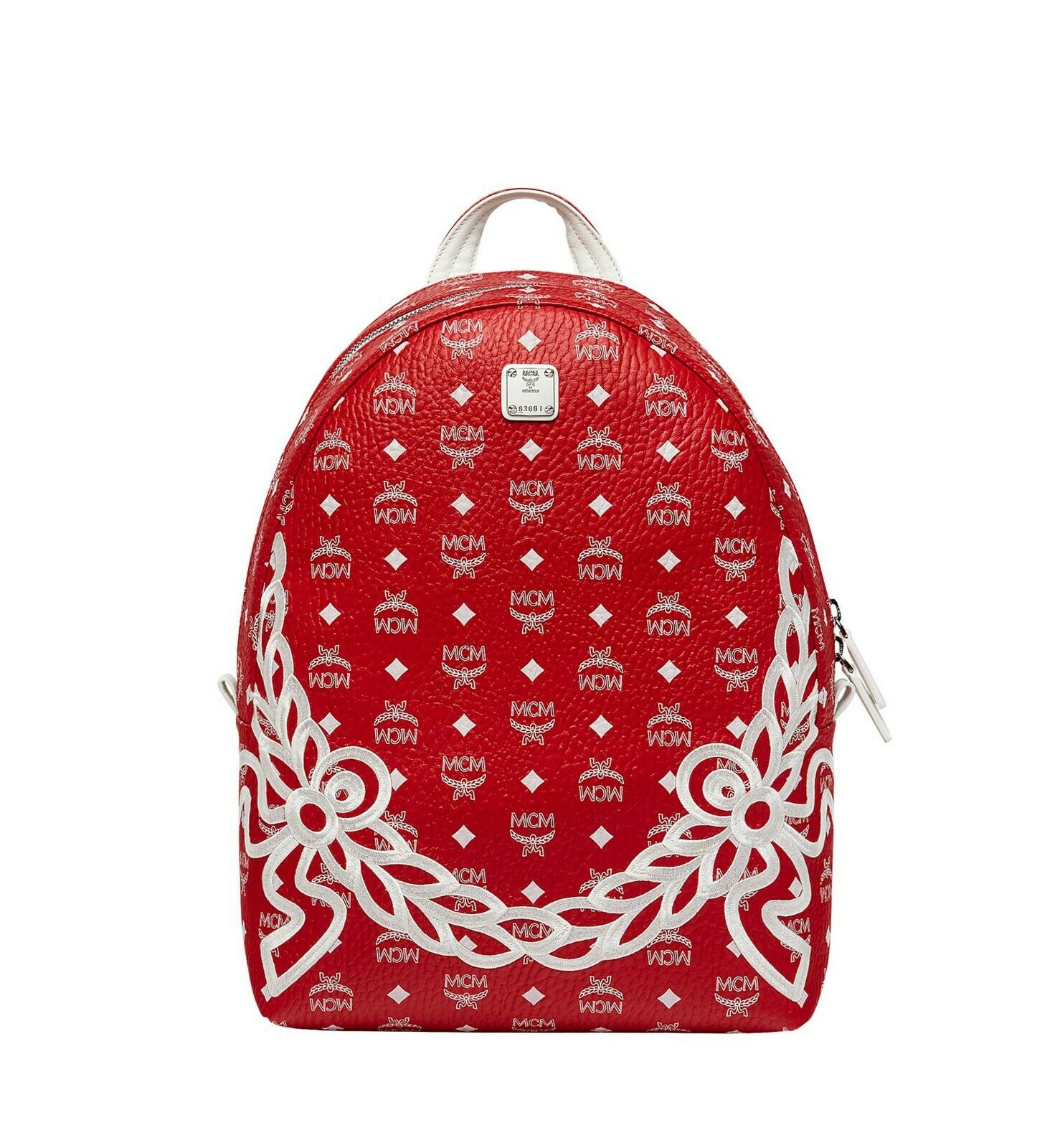 MCM Dietrich Laurel Backpack Visetos White Logo Medium Ruby Red in ...