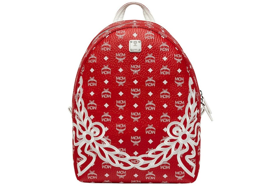 MCM Dietrich Laurel Backpack Visetos White Logo Medium Ruby Red in