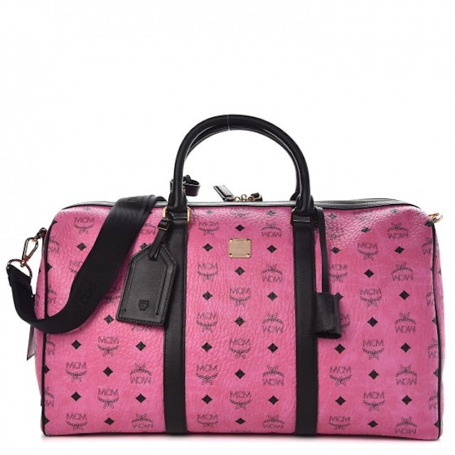 MCM Traveler Monogram print Duffle Bag Red Travel Leather Handbag Authentic  NEW