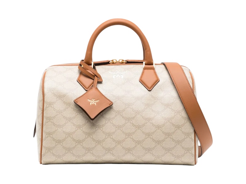 Pre-owned Mcm Ella Lts Boston Medium Top Handle In Oatmeal