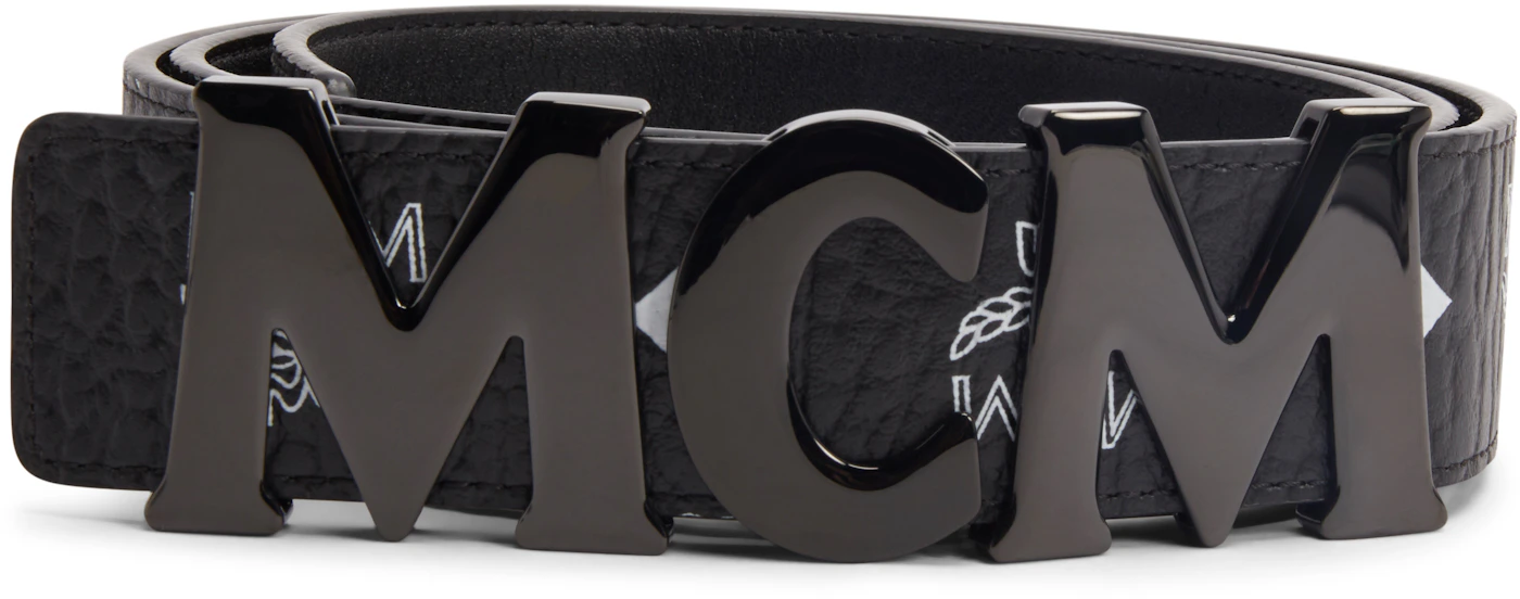MCM Black Visetos Monogram Belt With Gold-Plated Logo Laurel Buckle Size S  For Sale at 1stDibs