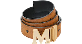 MCM M Reversible Belt Visetos Antique Gold 1.75" Cognac