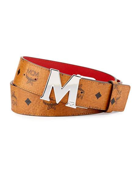 MCM M Reversible Belt Visetos Cognac/Red in Coated Canvas/Leather
