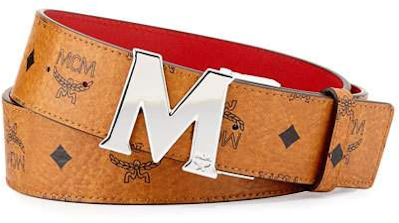 NEW MCM Belt Monogram Visetos Cognac Logo Buckle 80 Leather Trim Unisex  Classic