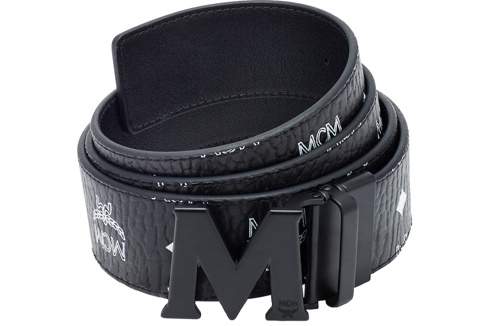 MCM M Reversible Belt Visetos White Logo 1.75W 51In/130Cm Black in Coated  Canvas with Matte Black-tone - US