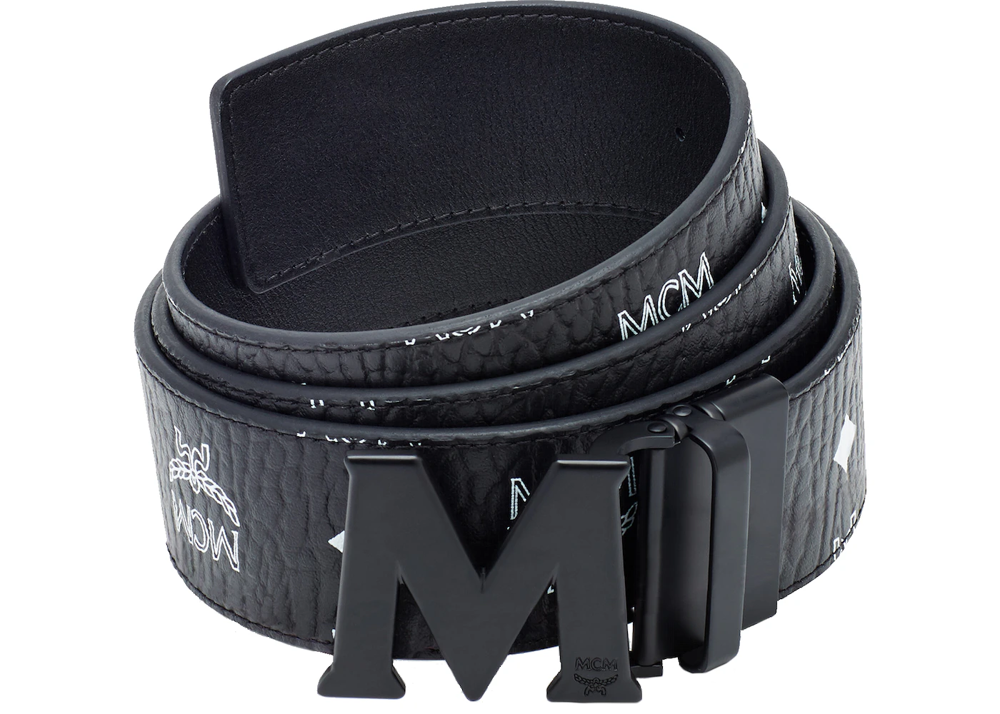 MCM M Reversible Belt Visetos White Logo 1.75W 51In/130Cm Black in Coated  Canvas with Matte Black-tone - GB
