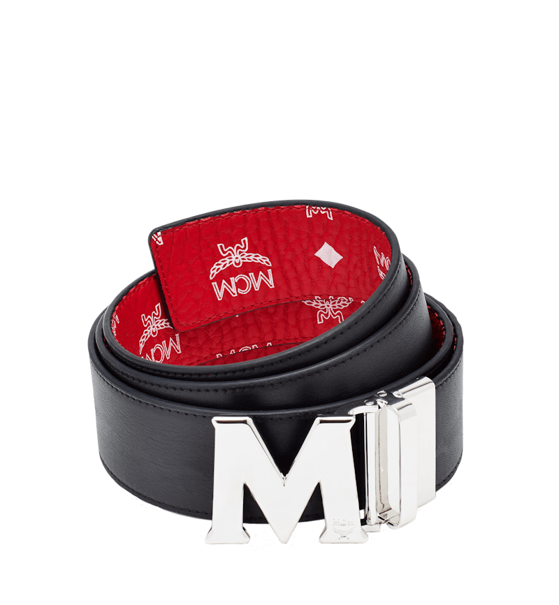 MCM M Reversible Belt Visetos White Logo 1.75W 51In/130Cm Ruby Red in  Coated Canvas with Silver-tone - US