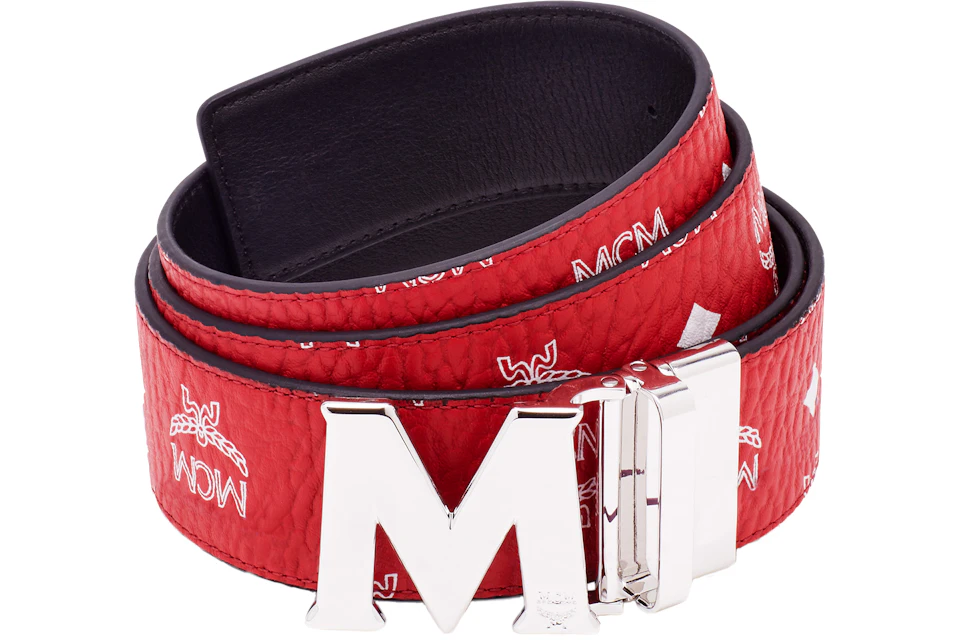 MCM M Reversible Belt Visetos White Logo 1.75W 51In/130Cm Ruby Red