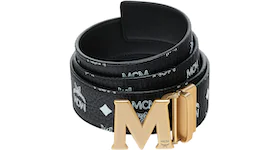 MCM M Reversible Belt White Visetos Antique Gold 1.75" Black