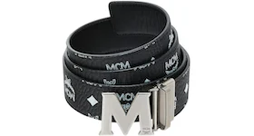 MCM M Reversible Belt White Visetos Antique Silver 1.75" Black
