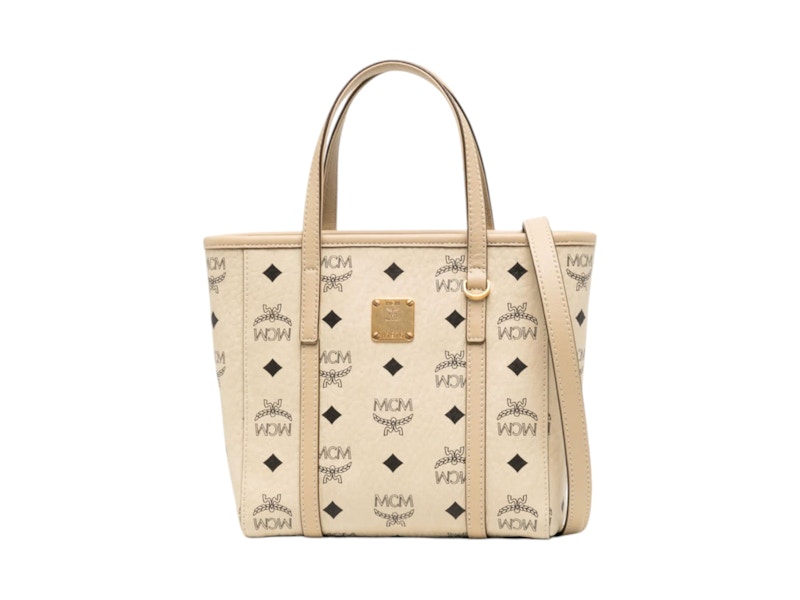 Pre-owned Mcm Toni Vi Shopper Mini Top Handle In Beige/black