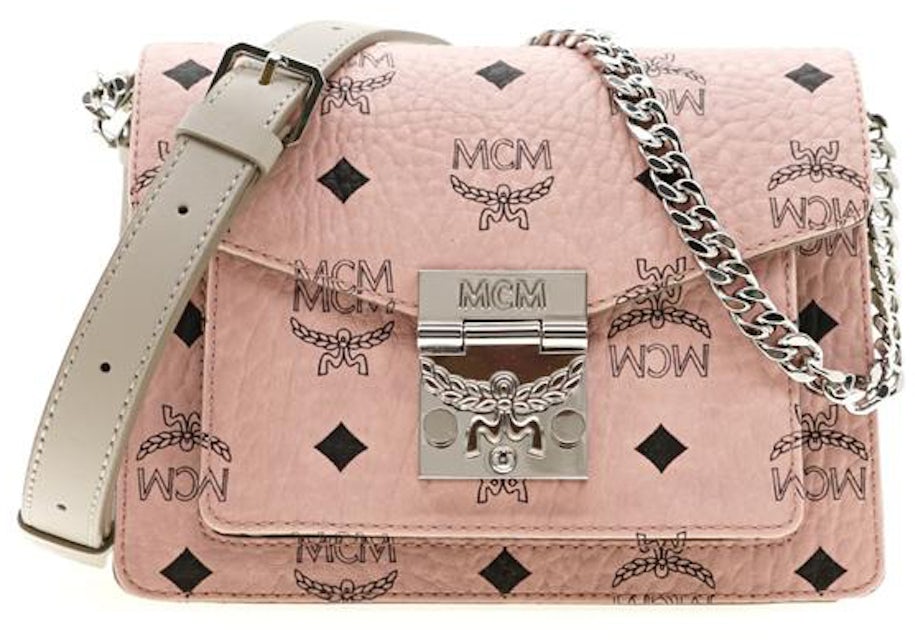 MCM Patricia Visetos Mini Flap Lock Crossbody Soft Pink in Leather