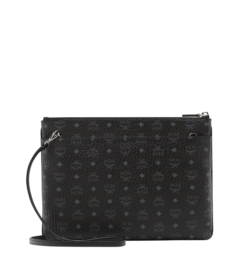 MCM Pouch Crossbody Visetos Medium Black in Coated Canvas with Silvertone