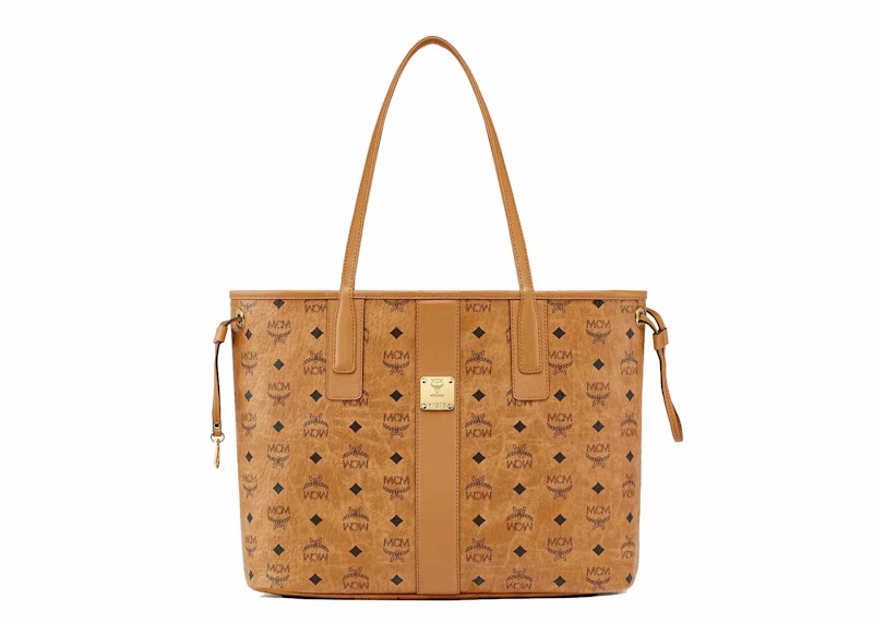 Pre-owned Mcm Women's Reversible Liz Shopper Medium Visetos In Cognac