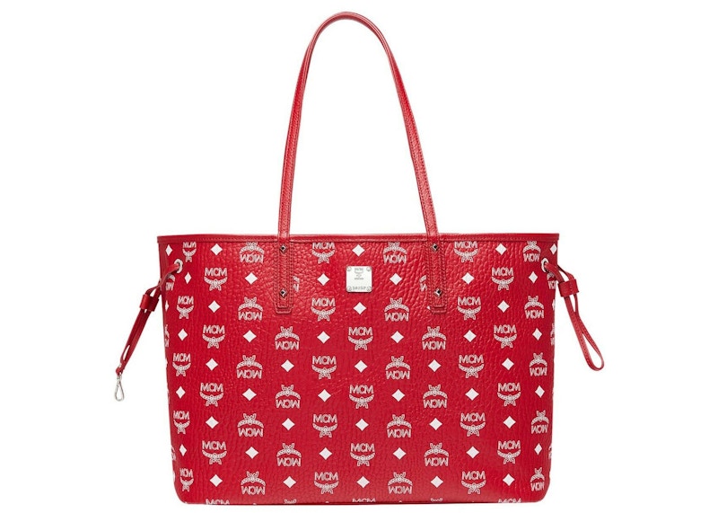 MCM Reversible Liz Shopper White Logo Medium Ruby Red in Coated