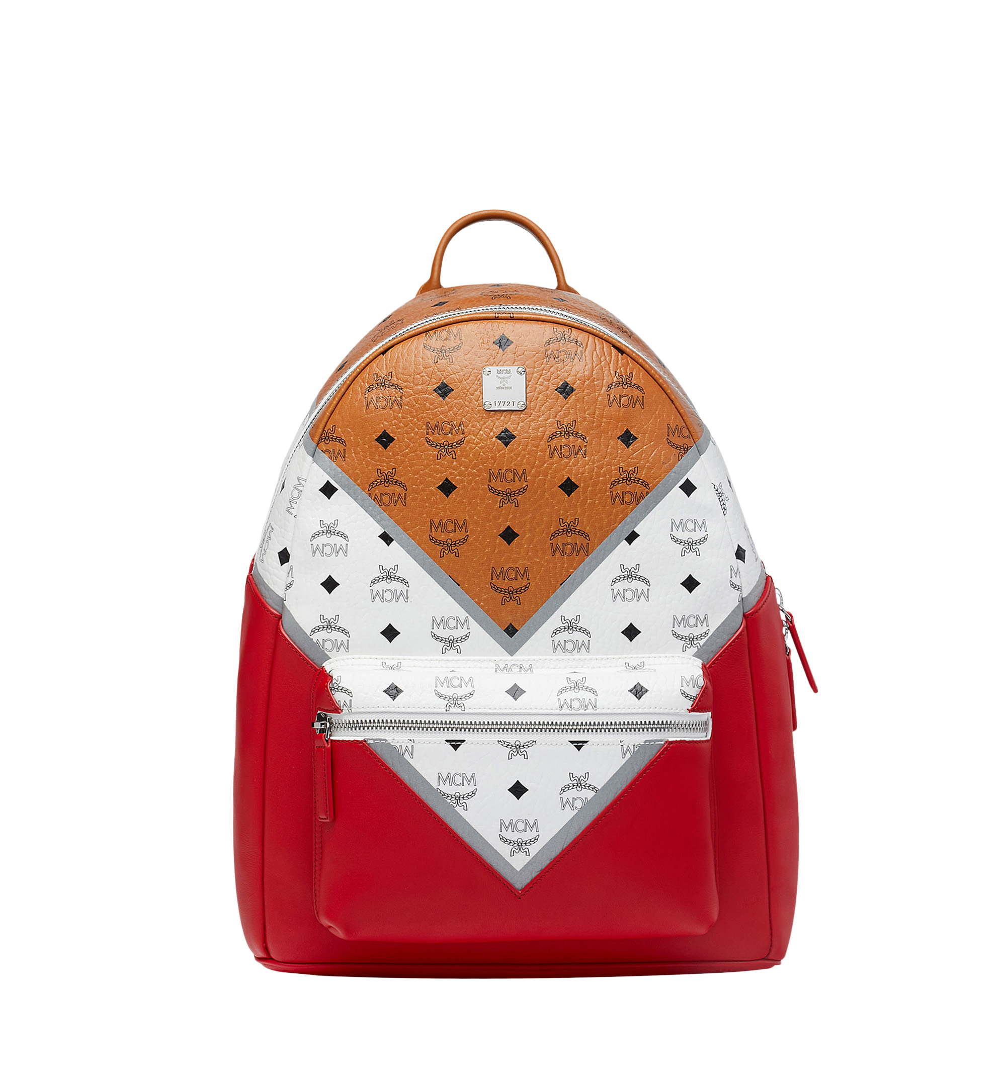 MCM Stark Backpack M Move Visetos Medium Cognac Viva Red in Coated Canvas with Silver tone US