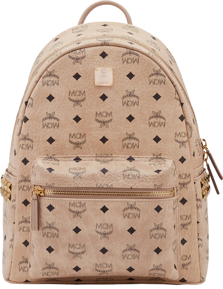 MCM Stark Backpack Visetos Side Studs Beige in Coated Canvas with Gold ...