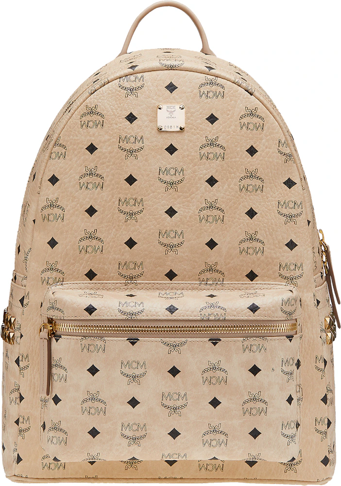 MCM Stark Backpack Visetos Side Studs Medium Beige in Leather with Gold ...