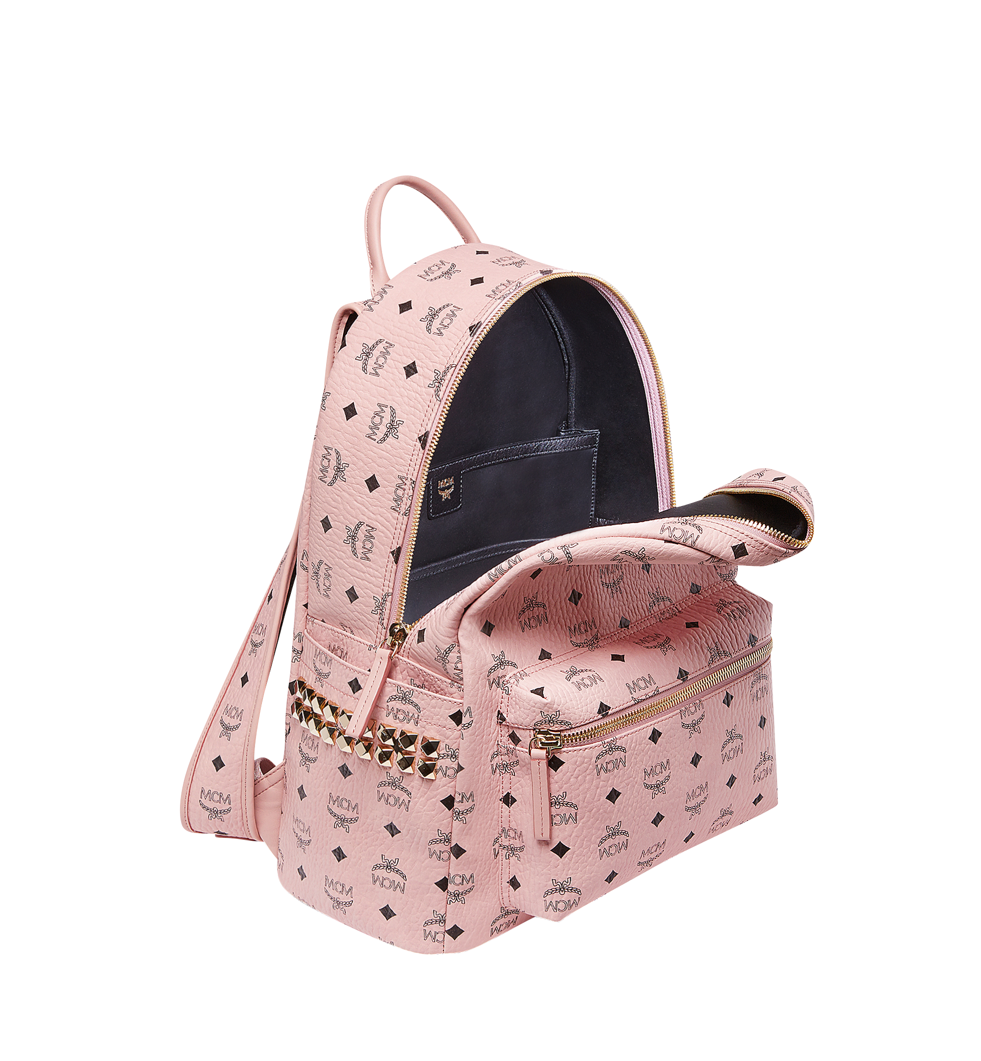 MCM Stark Backpack Visetos Side Studs Medium Soft Pink in Leather