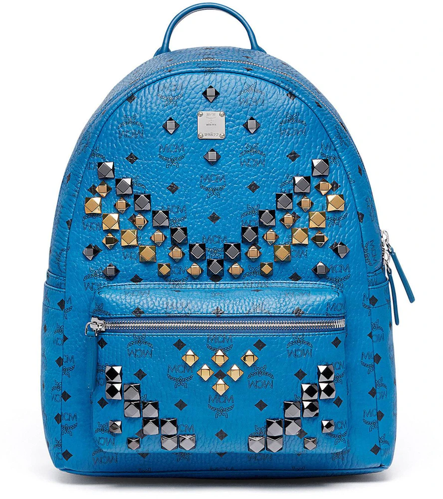 MCM Stark Backpack Stud Medium Munich Blue in Coated Canvas with