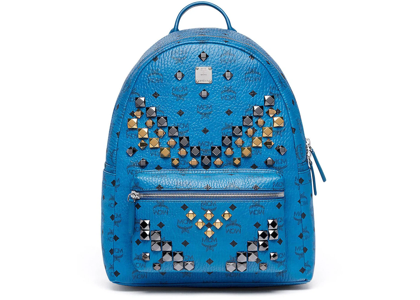 MCM Stark Backpack Stud Medium Munich Blue in Coated Canvas with