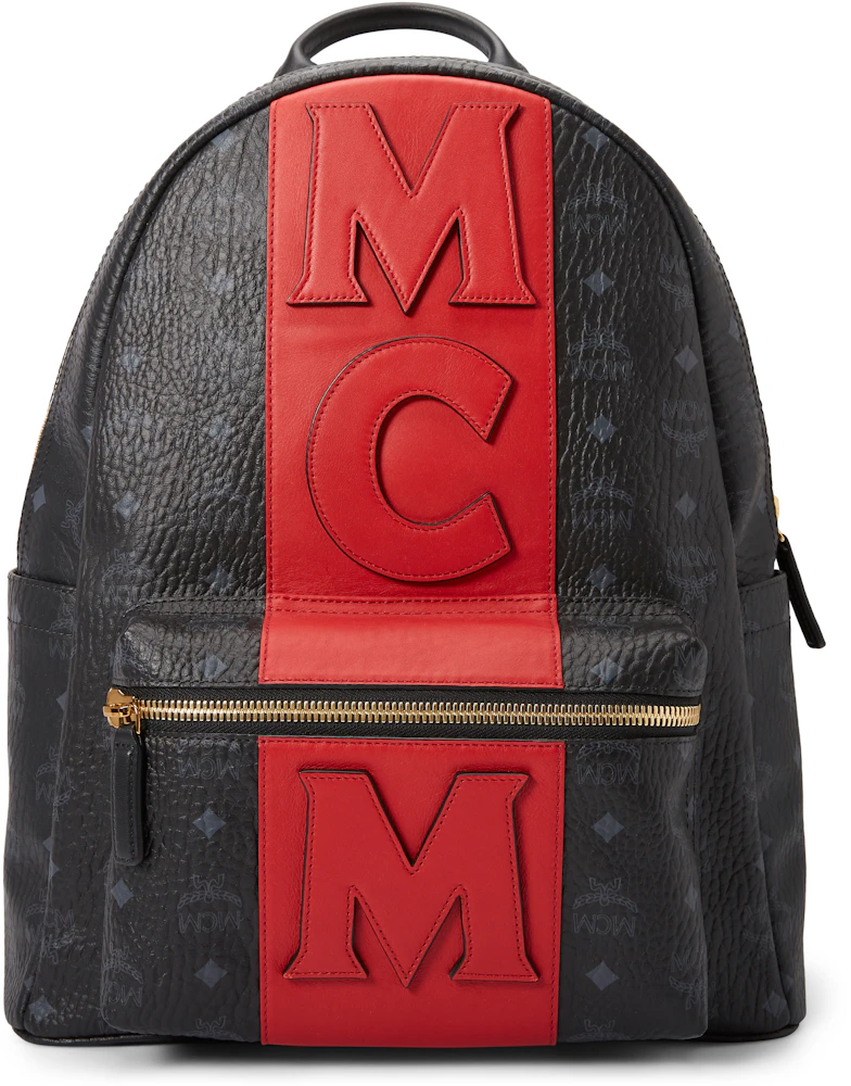 MCM Stark Backpack Visetos Logo Stripe Black/Red in Coated Canvas with  Gold-tone - US