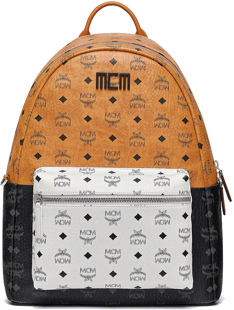 MCM Stark Backpack White Visetos Viva Red in Coated Canvas with