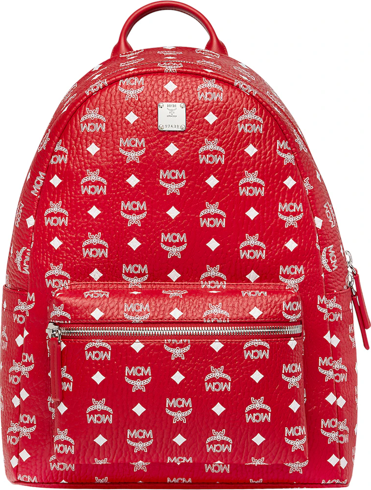 MCM Stark Backpack Visetos White Logo Medium Ruby Red in Coated Canvas ...