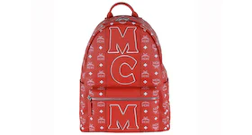 MCM Stark Backpack White Logo Stripe Medium Viva Red