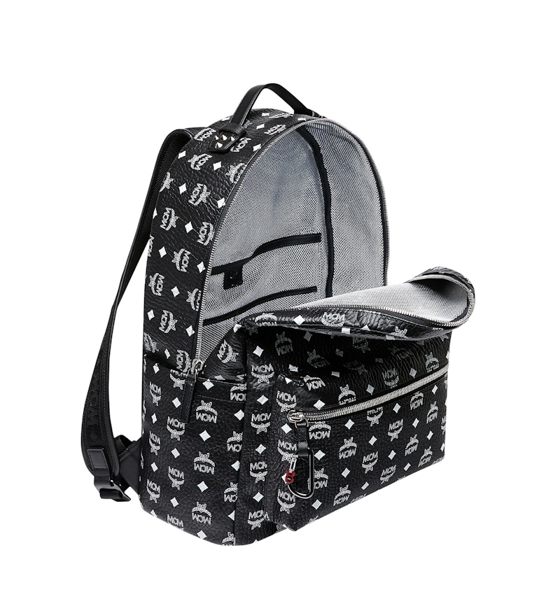 MCM Stark Backpack White Visetos Medium Black in Coated Canvas with