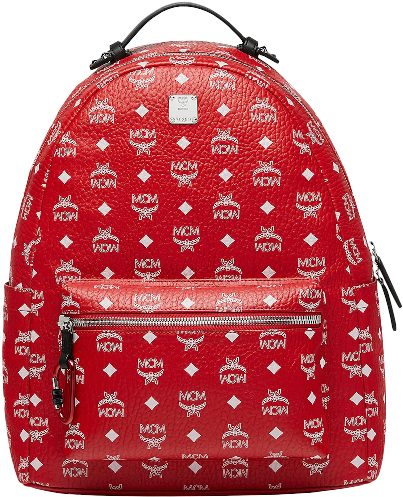 MCM Stark Backpack White Visetos Viva Red in Coated Canvas with Silver ...
