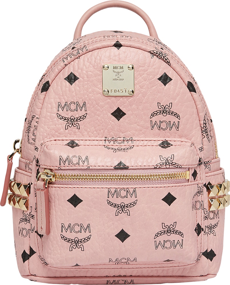 Mcm Stark Bebe Boo Backpack Visetos Side Studs X Mini Soft Pink In Coated Canvas With Gold Tone