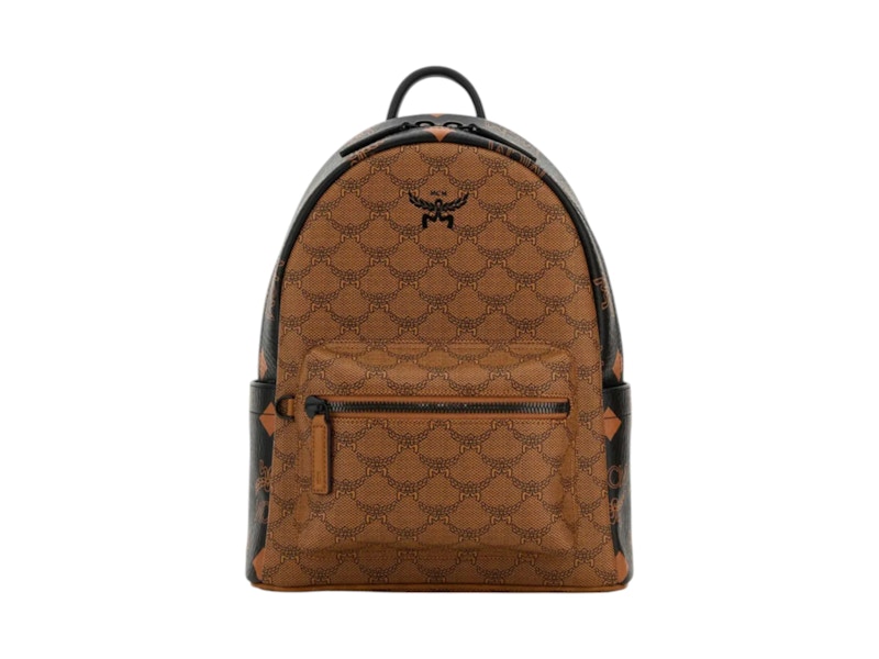 Pre-owned Mcm Stark Mixed Monogram Small Backpack In Cognac