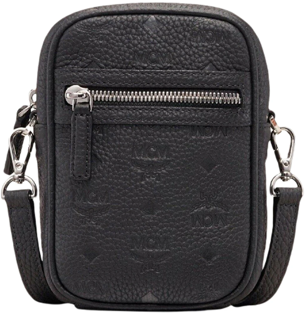 MCM Aren Small Visetos Monogram Black Sling Bag Gray Logo Leather Crossbody  NEW