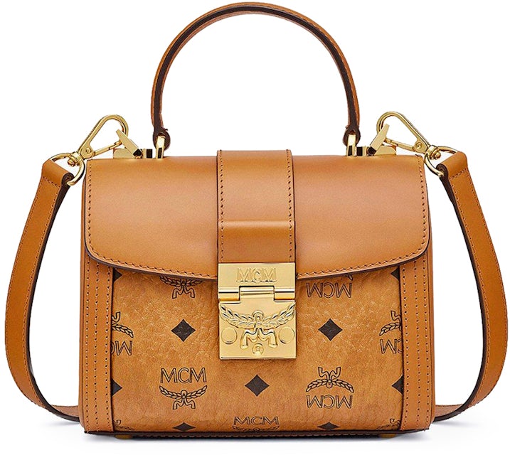 MCM Tracy Satchel Small Visetos Cognac in Coated Canvas with Gold