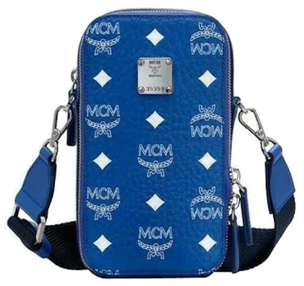 MCM Visetos Crossbody Camera Bag Blue/White in Coated Canvas with