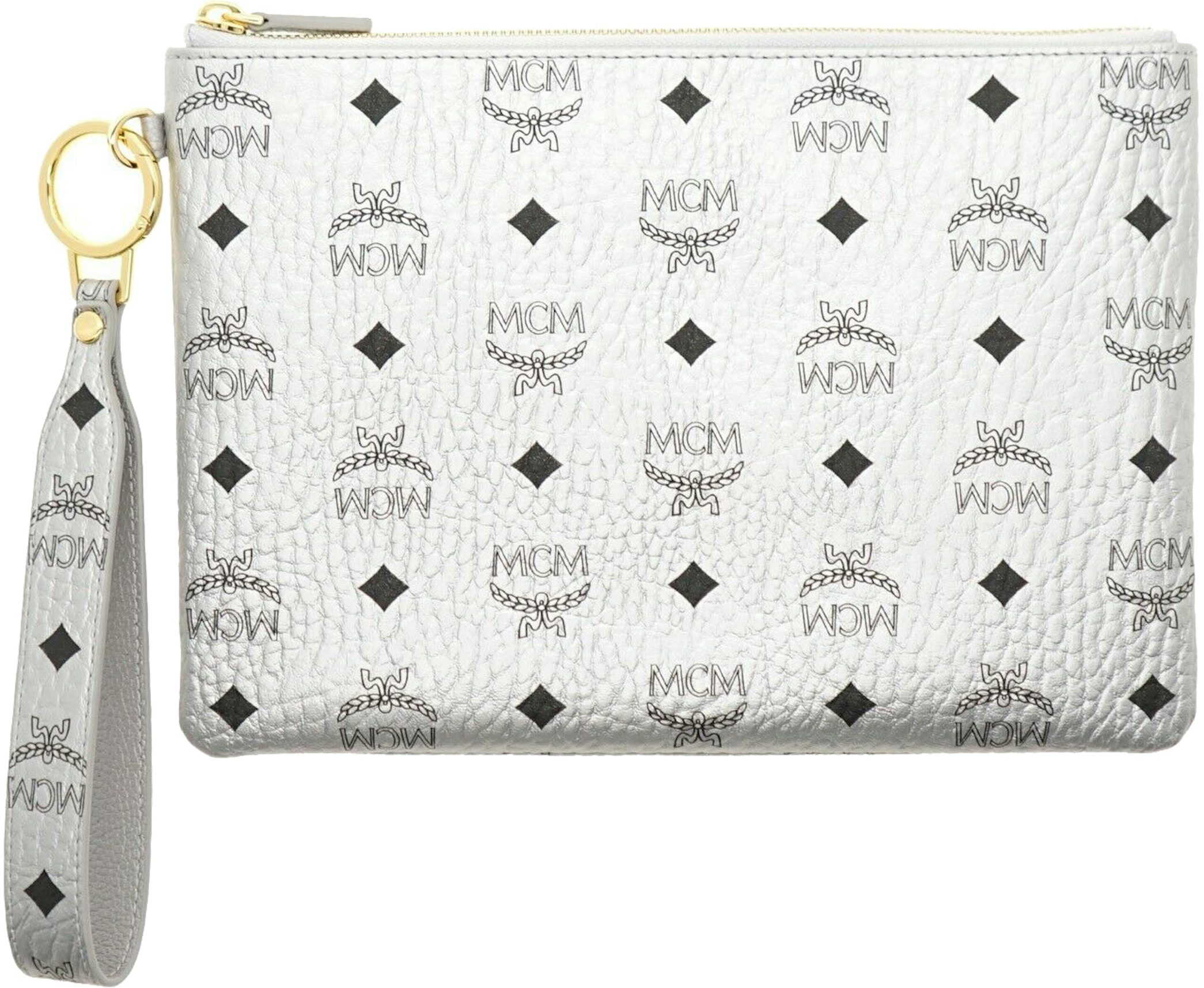 MCM White Logo Black Pouch Clutch Bag Wallet Wristlet Limited