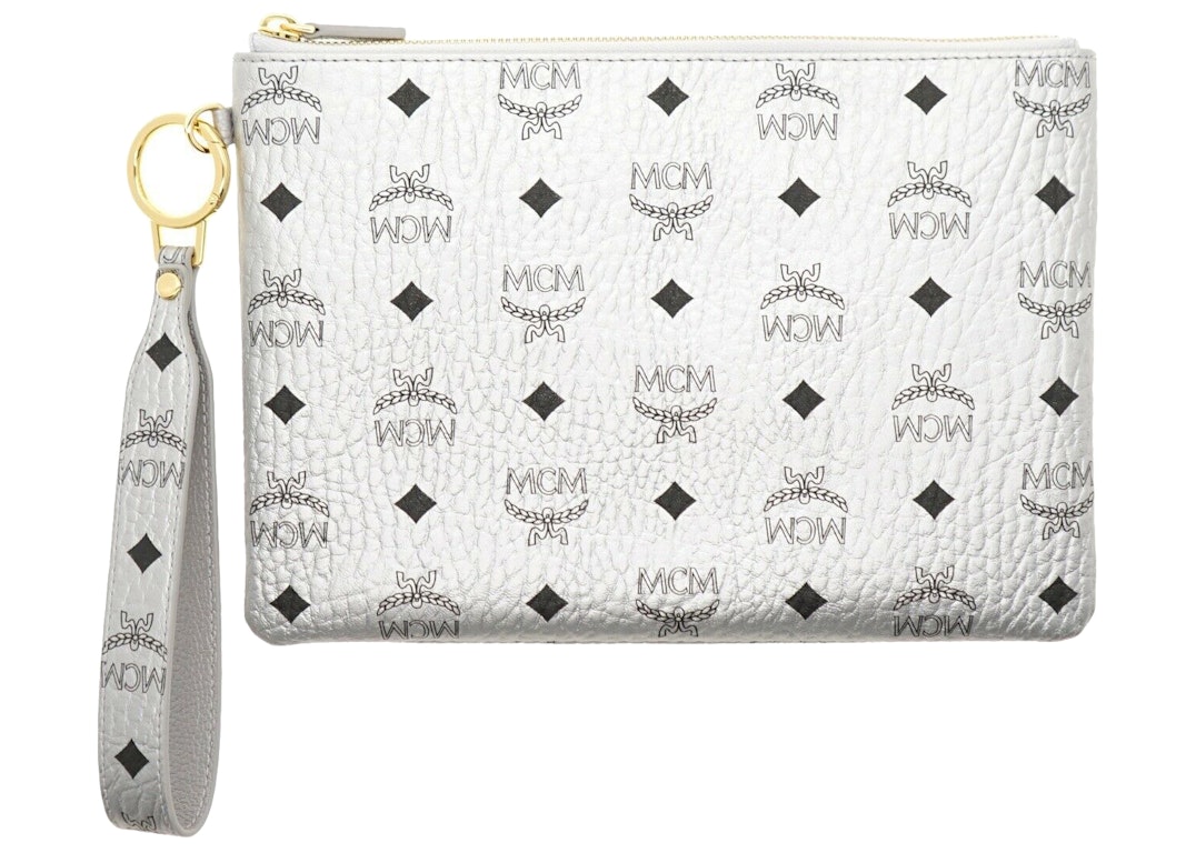 Pre-owned Mcm Visetos Logo Wristlet Clutch With Pouch Silver