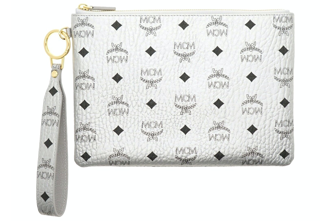 Pre-owned Mcm Visetos Logo Wristlet Clutch With Pouch Silver
