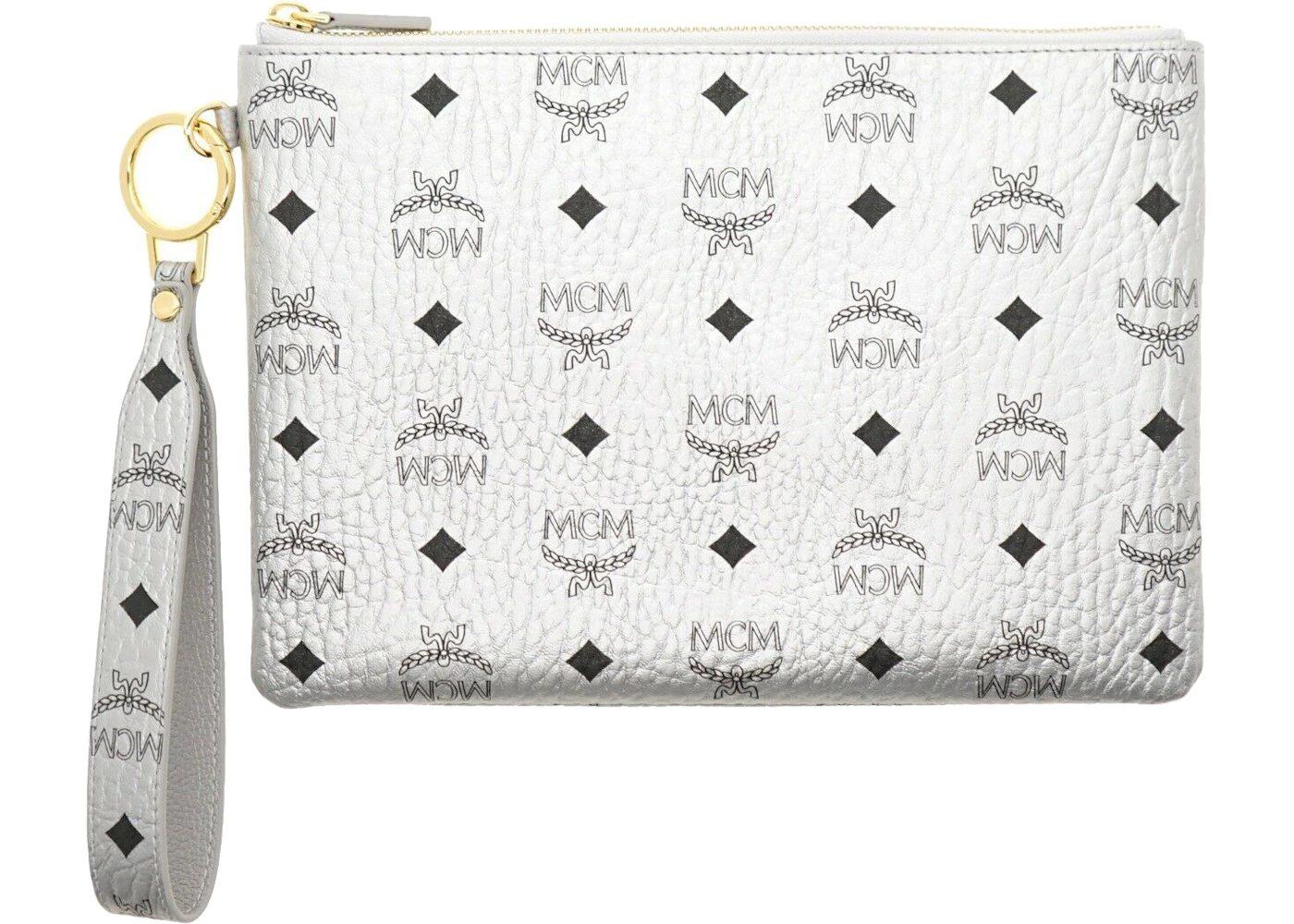 MCM Visetos Logo Wristlet Clutch With Pouch Silver in Coated