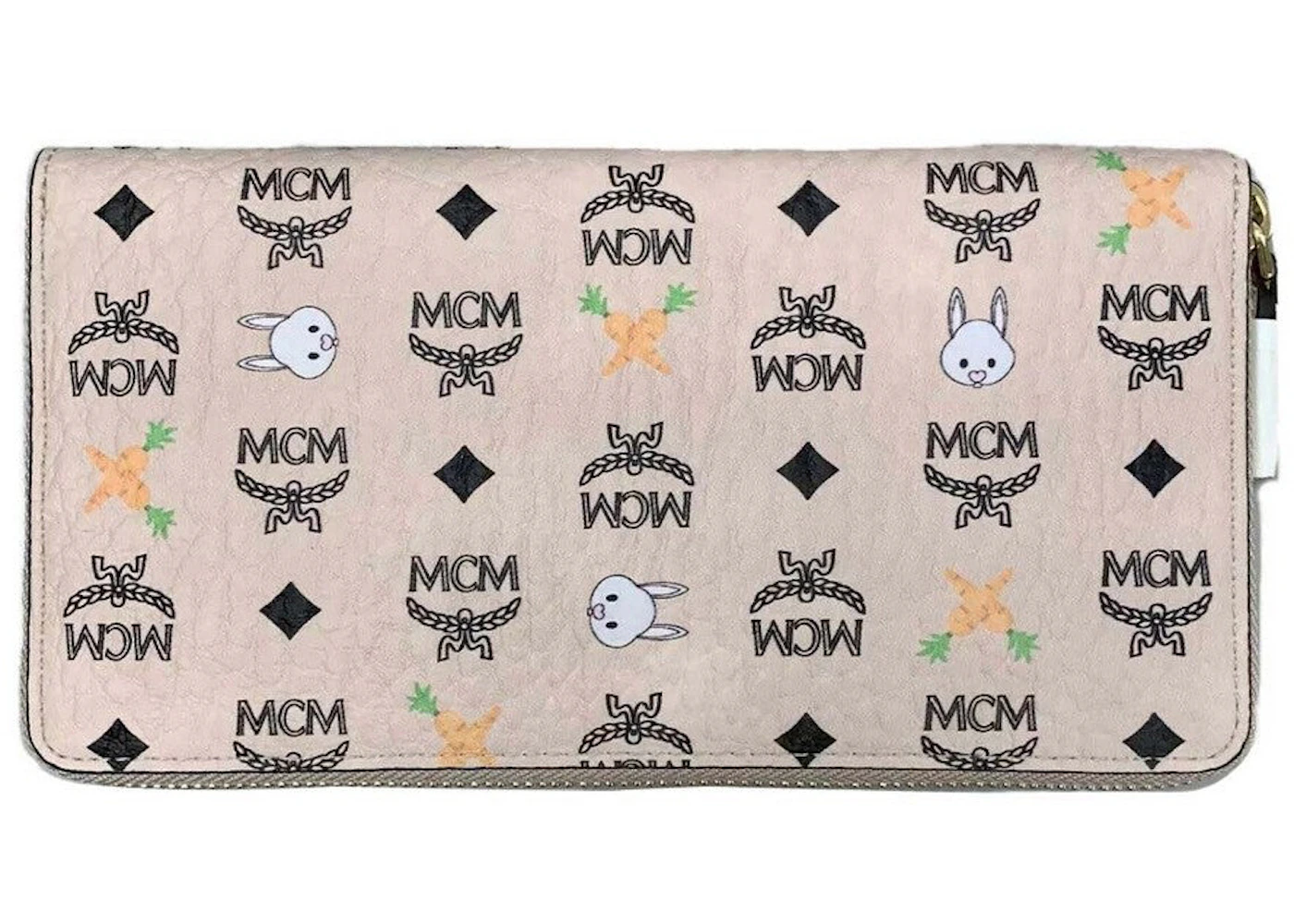 MCM Visetos Zip Around Rabbit Wallet Beige in Coated Canvas with Gold ...