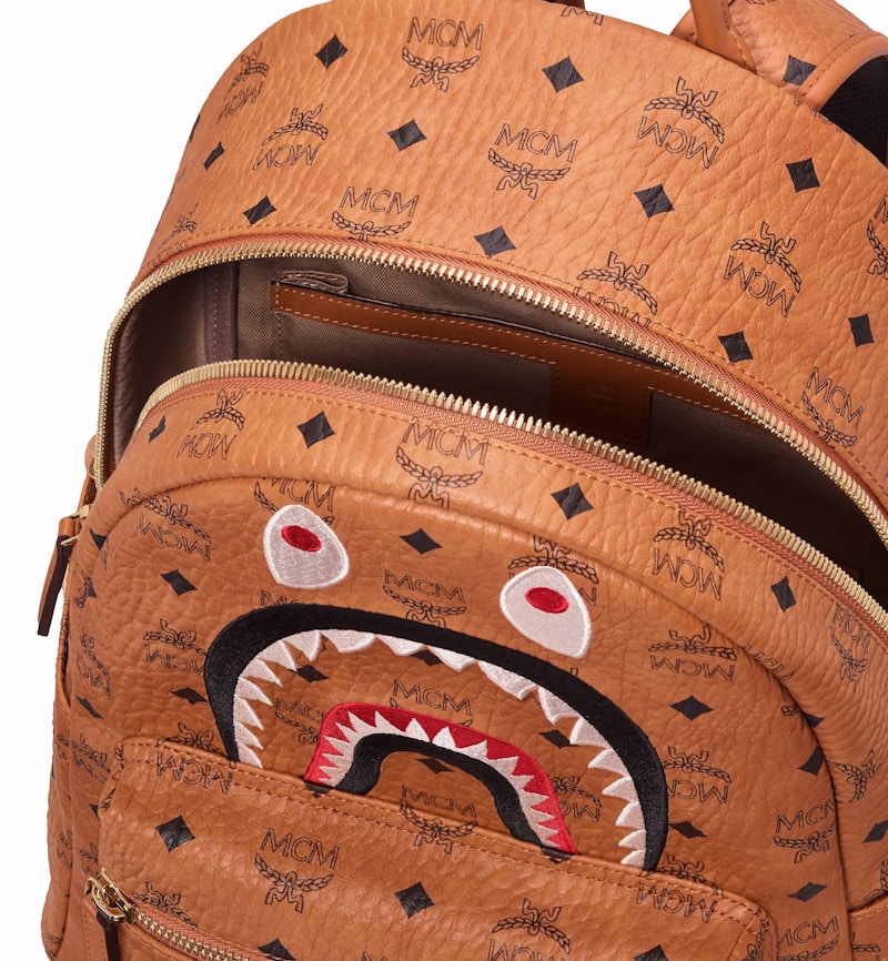 MCM x BAPE Shark Stark Backpack Visetos Cognac in Coated Canvas