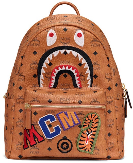 MCM x BAPE Shark Stark Backpack Visetos Cognac