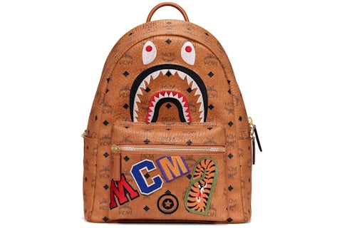 MCM x BAPE Shark Stark Backpack Visetos Cognac in Coated Canvas