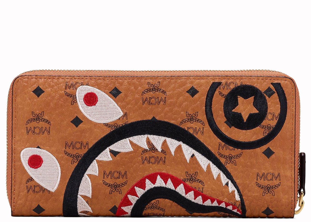 MCM x BAPE Shark Zip Around Wallet Visetos Large Cognac in Coated ...