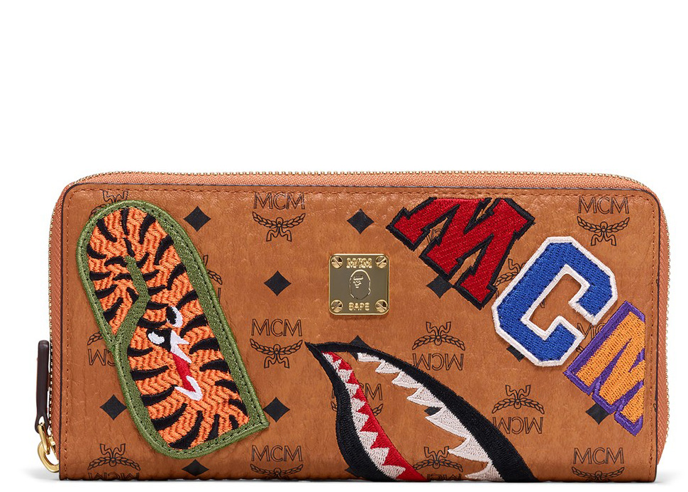 MCM x BAPE Shark Zip Wallet Visetos Mini Cognac in Coated Canvas 