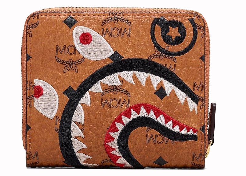 MCM x BAPE Shark Zip Wallet Visetos Mini Cognac in Coated Canvas with 24k  Gold Plated - US